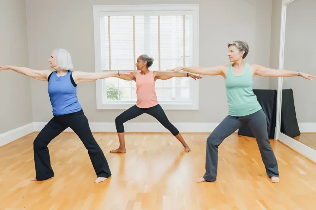 Three women doing a warrior pose in a bright exercise studio